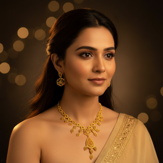 Gold necklace and earrings on a red background with leaf designs.