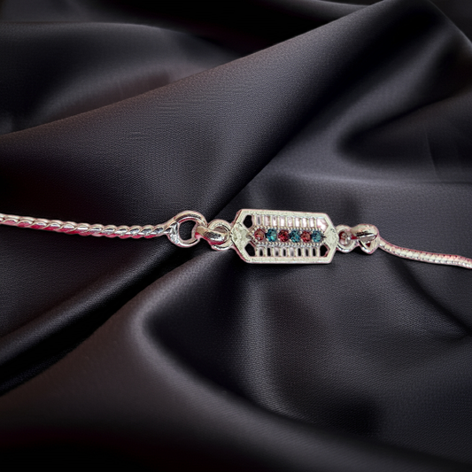 Silver Square Bracelet Rakhi with Rounded Corners & CZ Stones – Sleek & Sparkling