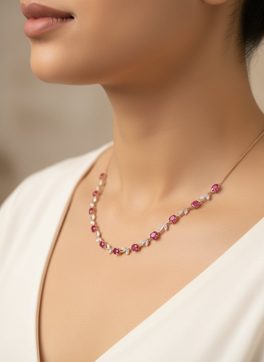 Rose Gold-Plated Ruby and CZ Leaf Design Choker Necklace