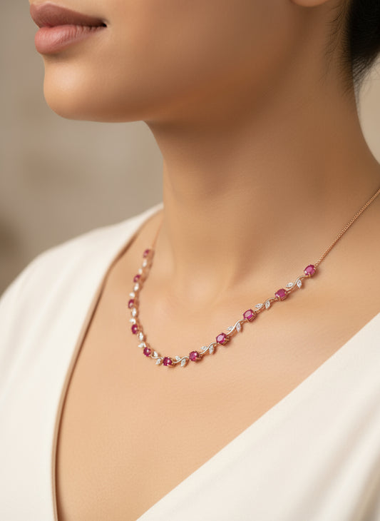 Rose Gold-Plated Ruby and CZ Leaf Design Choker Necklace