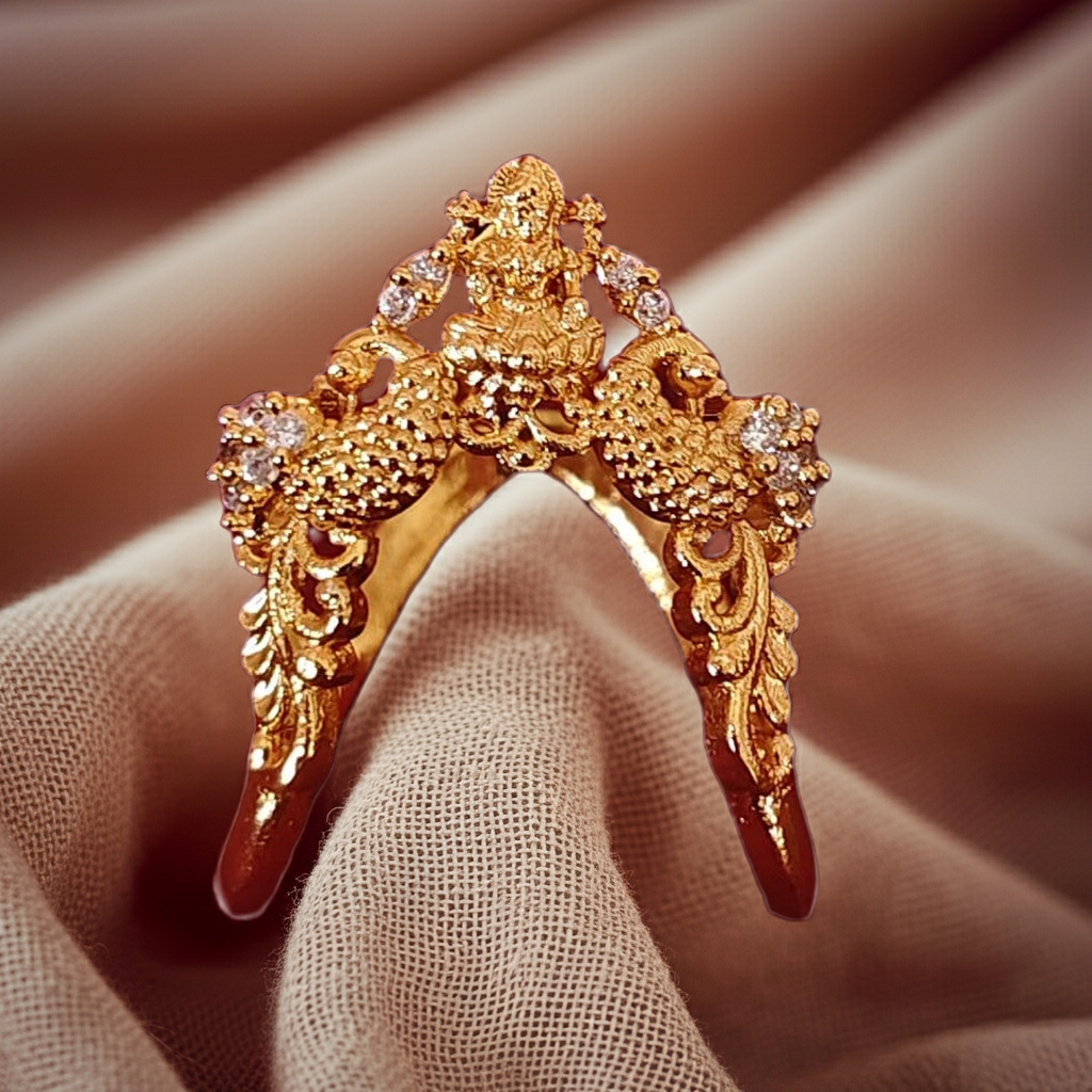 925 Silver Gold Plated Lakshmi & Twin Peacock Wedding Ring