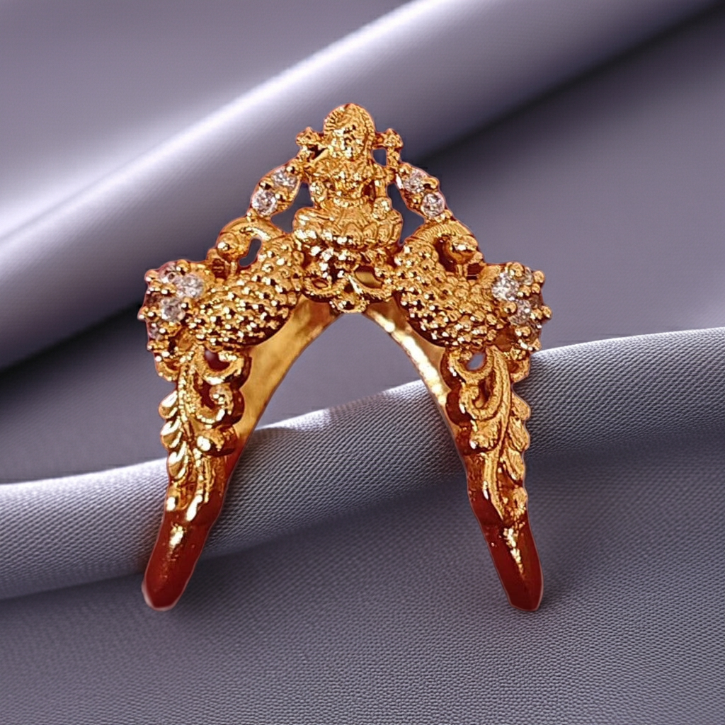 925 Silver Gold Plated Lakshmi & Twin Peacock Wedding Ring
