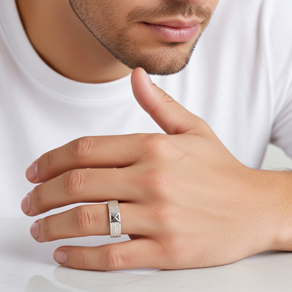 Structured Silver Unisex Band Ring with Geometric Detail & CZ Accents