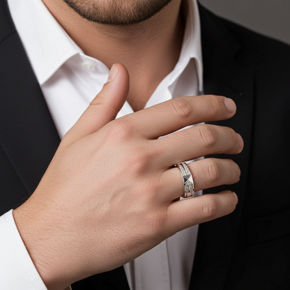Structured Silver Unisex Band Ring with Geometric Detail & CZ Accents