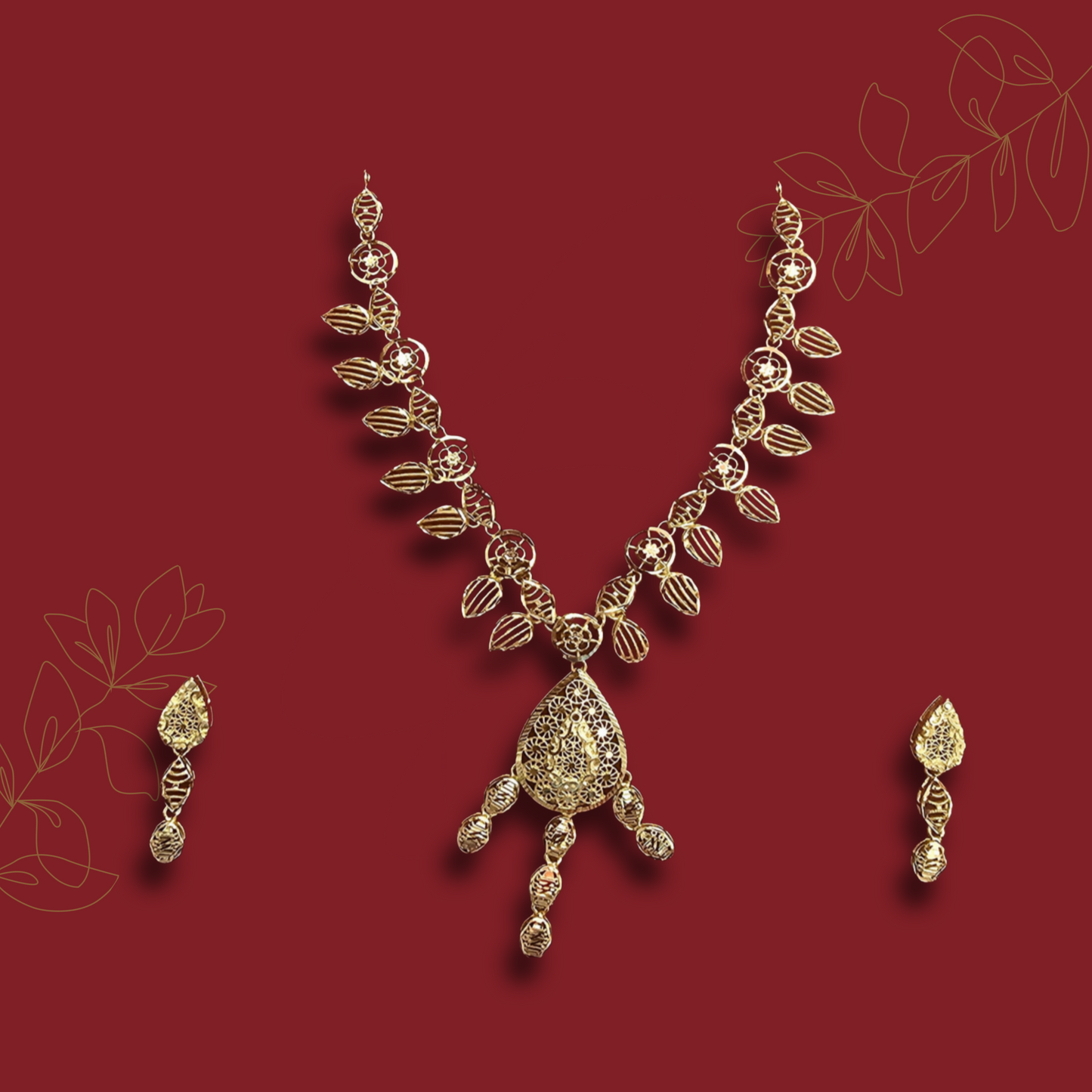 Golden Leaf Motif Necklace Set