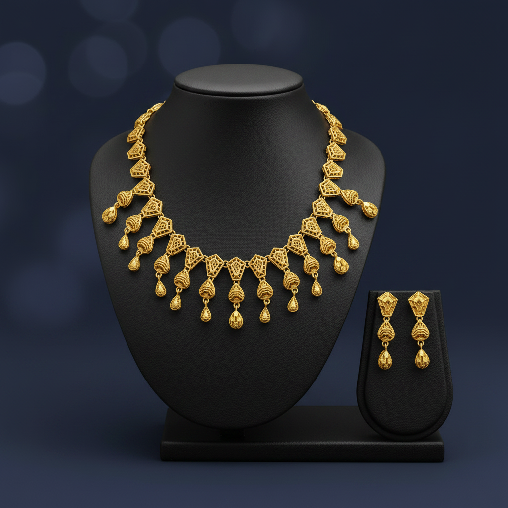 Geometric Filigree Gold-Toned Necklace and Earring Set