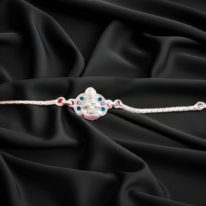 Pure 92.5 Silver Ganesha Bracelet Rakhi with Colored Stones for Brother – Auspicious Rakhi 2025