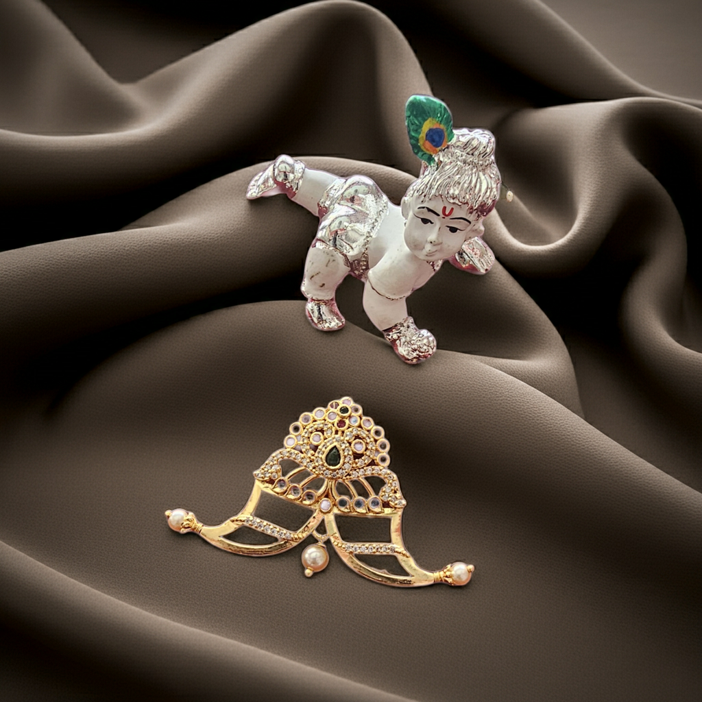 Traditional Tiger Nail Gold Plated Pendant with Stones & Pearls