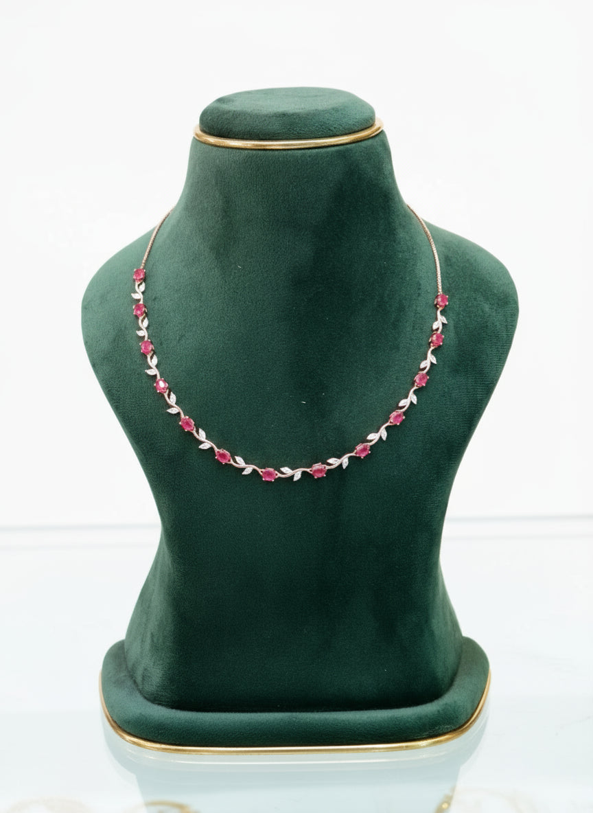Rose Gold-Plated Ruby and CZ Leaf Design Choker Necklace