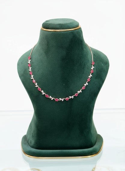 Rose Gold-Plated Ruby and CZ Leaf Design Choker Necklace