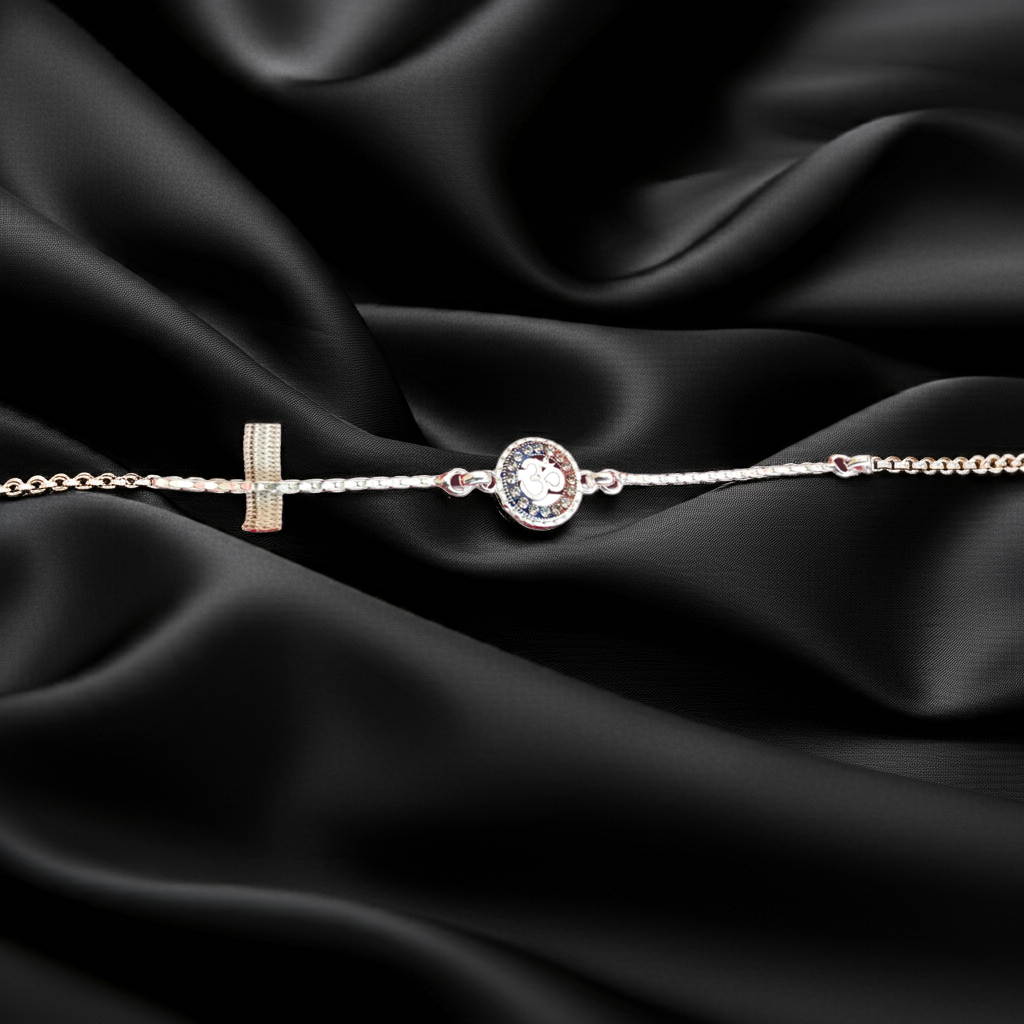 Pure Silver Om Bracelet with Stone-Studded Circle