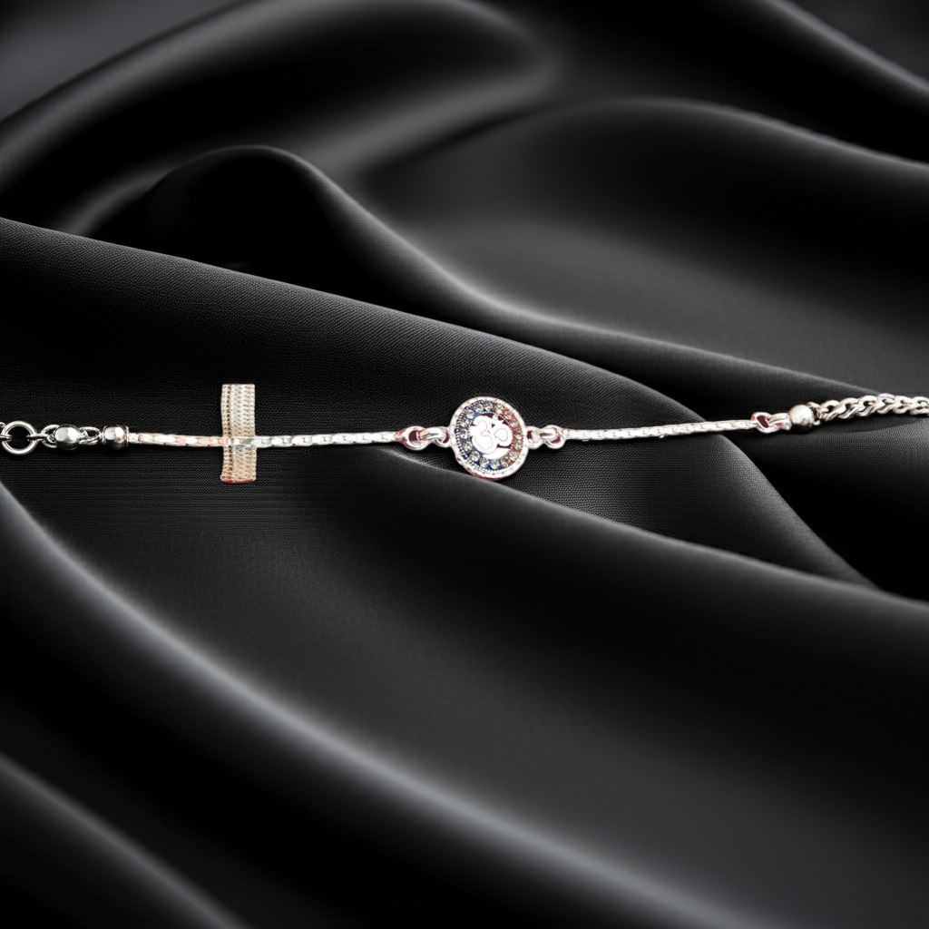 Pure Silver Om Bracelet with Stone-Studded Circle