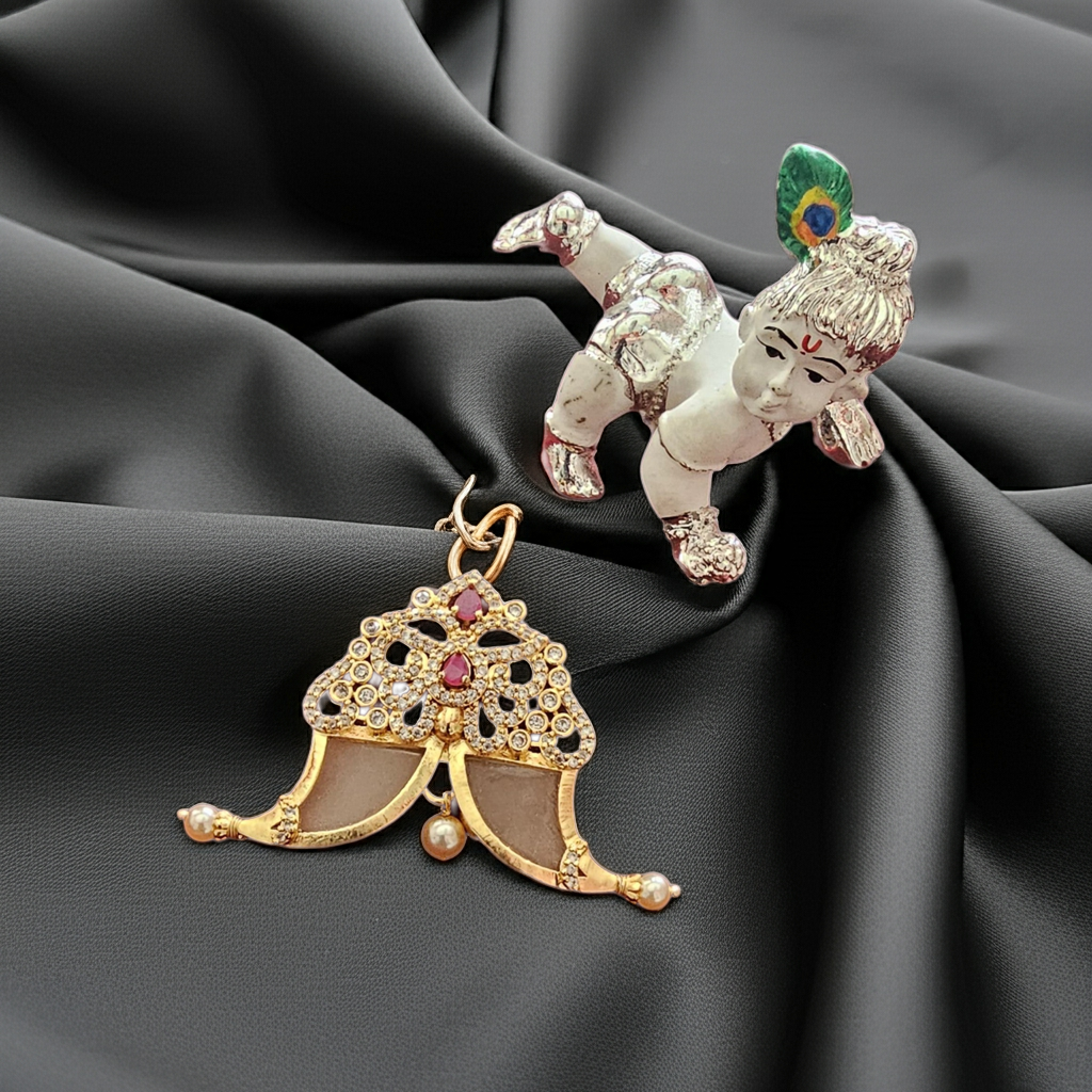 Traditional Tiger Nail Gold Plated Pendant with Stones & Pearls
