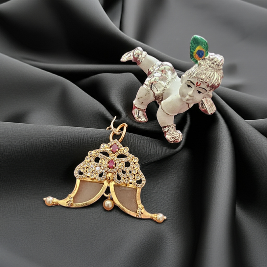 Traditional Tiger Nail Gold Plated Pendant with Stones & Pearls